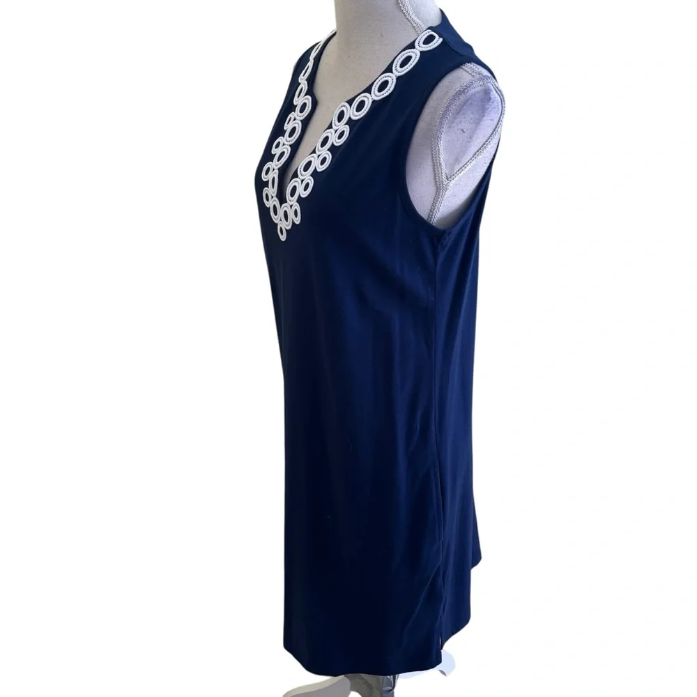 Lands' End Navy Blue Cotton Jersey Sleeveless Split Neck Shift with White Trim S
